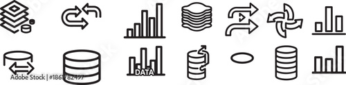Big data layers, data pipeline arrows, database cylinder, data visualization bars.