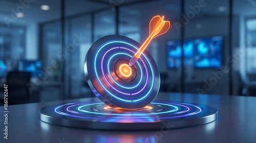 Digital Marketing Target with Neon Glowing Bullseye and Dart in Modern Office