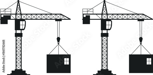 Tower cranes lifting house modules, construction site machinery silhouette, building industry equipment, architecture and engineering concept, heavy lifting construction illustration