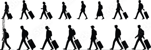 Silhouette travelers walking with suitcases, airport passengers in motion, tourism and business travel concept, modern journey illustration, transportation lifestyle design