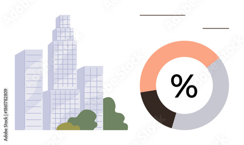 Skyscrapers alongside circular chart with percentage symbol. Ideal for business growth, financial trends, investment insight, urban planning, economic analysis, data visualization. Simple flat
