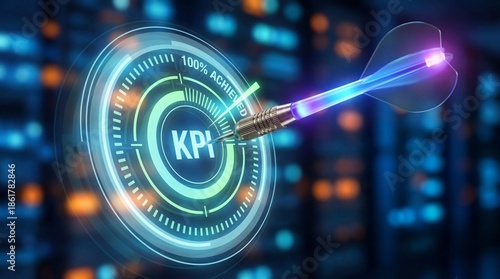 Futuristic Digital KPI Target with Glowing Dart hitting 100% Achievement