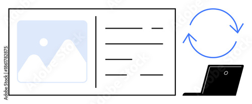 Data synchronization, cloud computing, productivity, information management, digital tools, online collaboration. A document layout with an image and text beside a sync symbol and laptop. Data