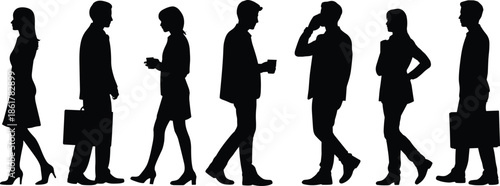 Silhouette business people walking, office workers commuting with briefcases and coffee, urban professionals group, businesswoman and businessman lifestyle, corporate workforce illustration