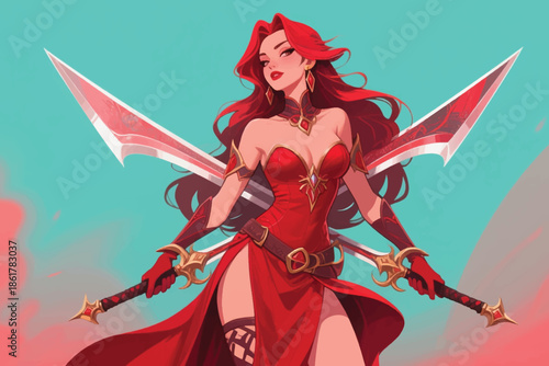 Red haired female warrior in gold accented outfit holding two swords in a dramatic fantasy pose.
