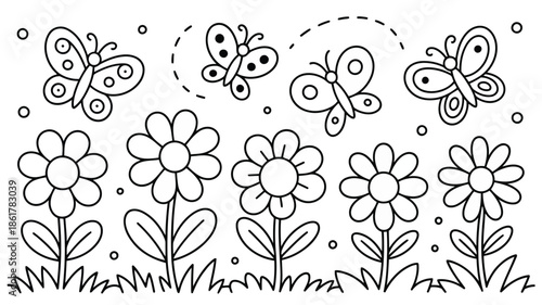 A charming black and white line drawing shows cheerful flowers blooming in a field with dotted butterflies flying