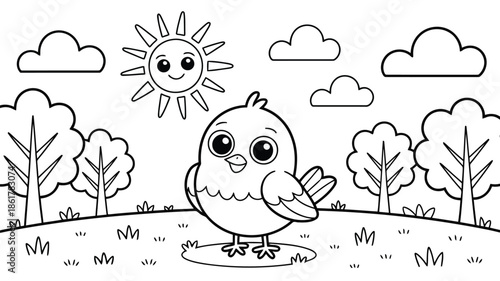 A charming baby bird with a happy face explores a sunny natural environment with trees and clouds