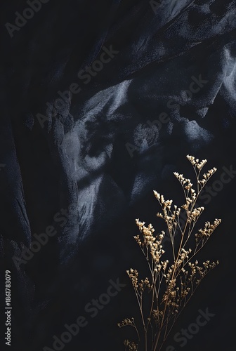 Dried delicate white flowers bouquet against dark textured draped fabric background dramatic contrast