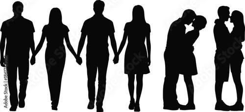 Romantic couple silhouettes walking, lovers holding hands, boyfriend and girlfriend relationship, people in love kissing, romance affection, dating, romantic partner illustration