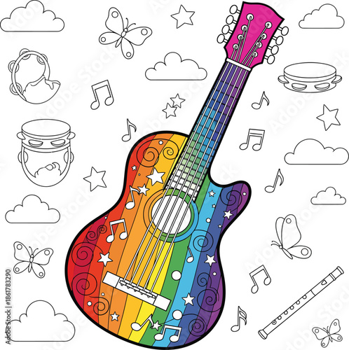 Black-and-white line art guitar with rainbow strings whimsical detailed coloring page illustration fantasy music design