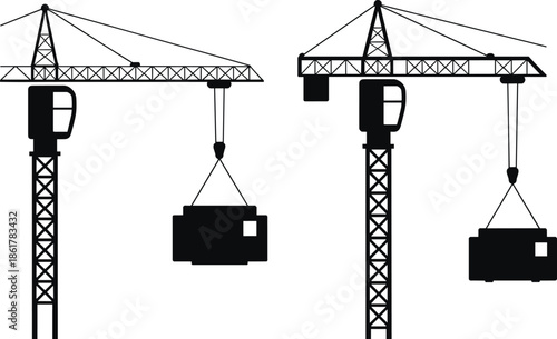 Construction tower cranes lifting building modules, industrial machinery silhouette, architecture and engineering concept, heavy equipment on job site, modern construction illustration