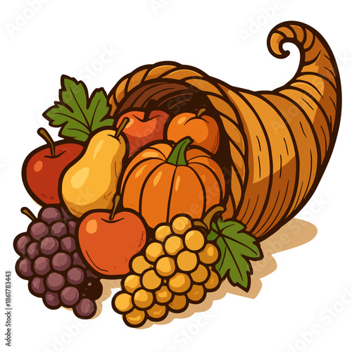 Thanksgiving cornucopia (horn of plenty) overflowing with fruits, vector illustration.