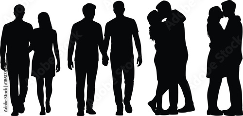 Romantic couple silhouettes, people in love walking together, holding hands, hugging and kissing, relationship romance poses, boyfriend girlfriend affection illustration