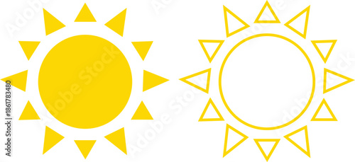 Sun icon set in flat and line style, solar symbol silhouette and outline collection featuring sunshine, sunrise and weather elements, bright minimal vector illustration group