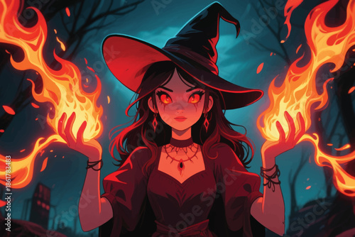 Red eyed witch casting fire spells in a dark forest under a blue night sky. A powerful magical scene.