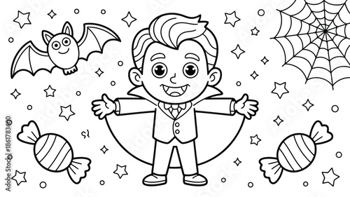 A cheerful little boy dressed in a vampire costume poses surrounded by classic Halloween elements