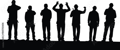 Construction workers standing together silhouette, industrial team on job site, skilled labor workforce, building industry teamwork concept, architecture and engineering illustration