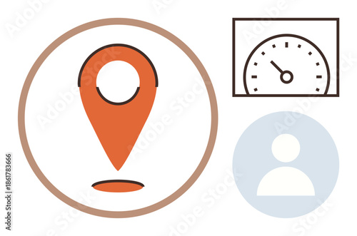 Orange location pin, speedometer gauge, and minimal user avatar blended. Ideal for navigation, performance tracking, user data, measurement, analytics geolocation identity. Simple flat metaphor