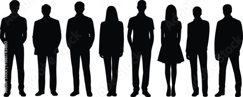 Silhouette business people standing together, group of professional men and women, corporate office team illustration, modern business workforce, company staff characters vector