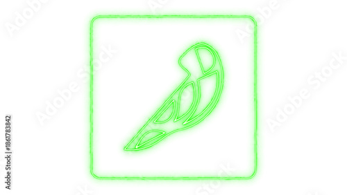 Vibrant green glowing outline of an abstract organic shape encased within a square border, futuristic digital illustration of an icon, isolated on transparent background