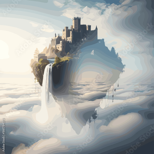 Majestic castle floats above the clouds with a cascading waterfall.