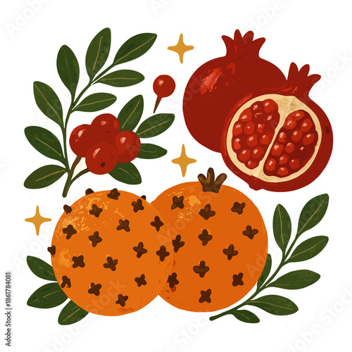 Wedding fruit icon: cranberries, oranges with cloves, and pomegranates, festive theme.