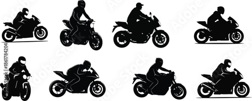 Silhouette of motorcyclists in various riding positions on different bikes