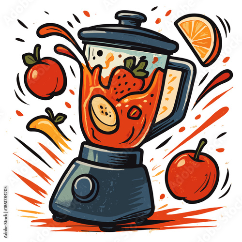 Fruit being blended in a blender icon, dynamic action style.