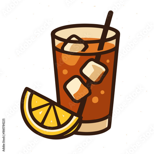 Lemon wedge next to a glass of iced tea icon, for drink and beverage designs.