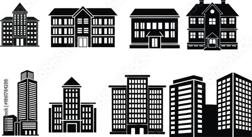 A collection of various urban buildings and houses in black and white