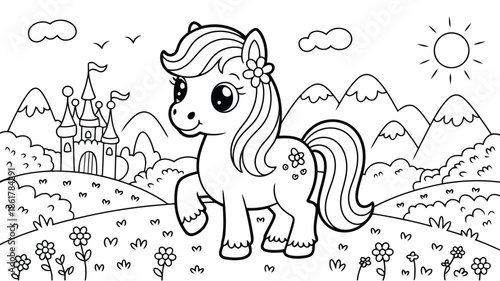 A friendly cartoon pony stands in a field of flowers with a whimsical castle in the background