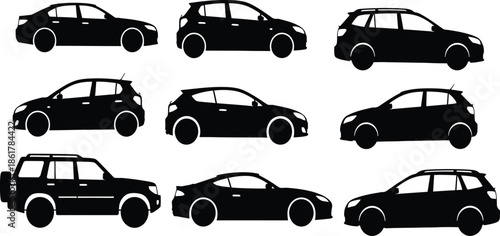 Collection of eight black silhouette car icons in different models and angles