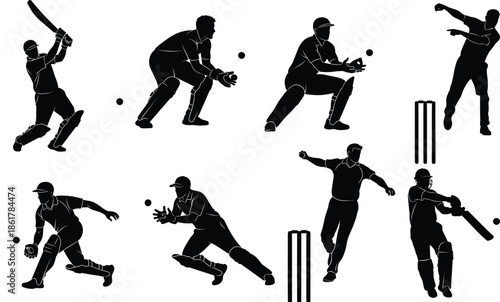 Cricket player silhouettes in various positional actions