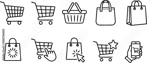 online store purchase icon pack with cart bag discount and payment elements