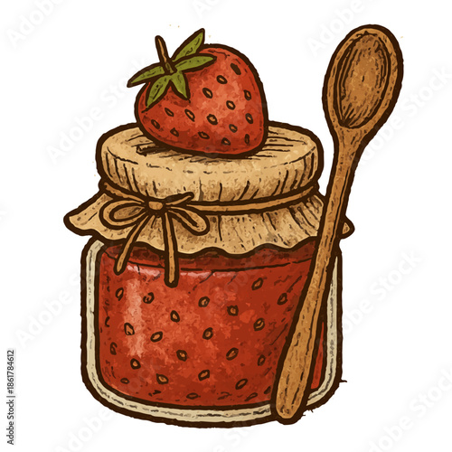 Fruit jam jar icon with a strawberry on top and spoon, homemade and rustic style.