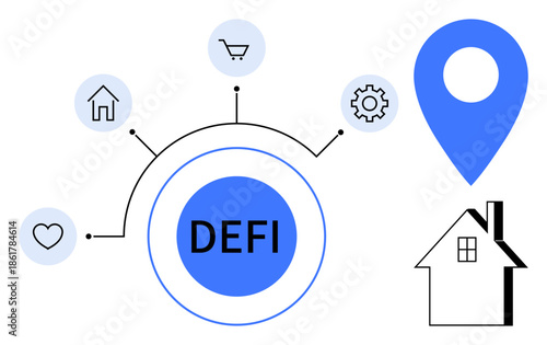 Cryptocurrency, fintech, innovation, blockchain applications, real estate, online shopping. Circular DEFI hub with icons for house, cart heart map pin and gear. Cryptocurrency and fintech concept