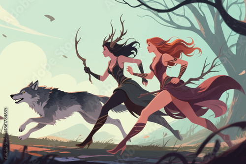 Two women and a large wolf running through a mystical forest. A dynamic scene of unity and pursuit.