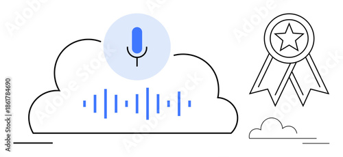 Audio technology, voice recognition, cloud storage, digital communication, innovation, awards. A microphone with sound waves in a cloud and an award ribbon. Voice recognition and innovation concept