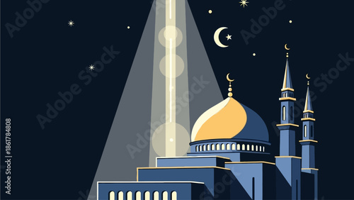 Isra Miraj Night Background with Mosque and Divine Beam of Light from Sky, Prophet Ascension Vector Illustration