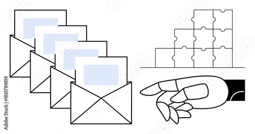 Automation concept. Automation through robotic hand, mail systems, and puzzle elements, AIs role in communication and problem solving. For technology, business strategy, collaboration, innovation