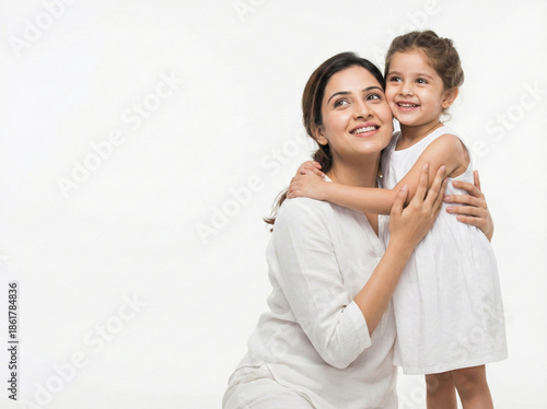 Happy young Indian mother and daughter looking upward together isolated on white background for parenting wellness and family lifestyle communication