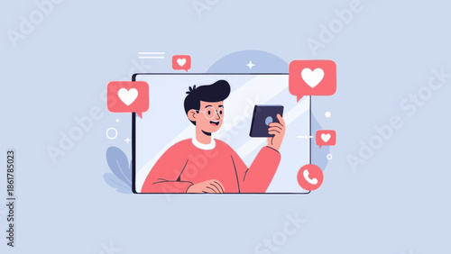 Young man enjoying social media on his smartphone with likes