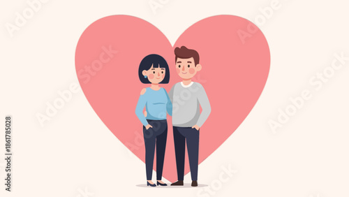 Loving couple standing together in front of a giant pink heart symbol