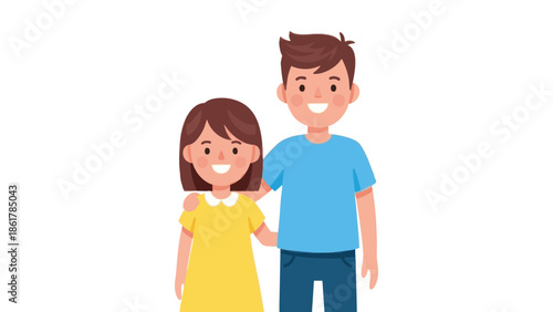 Happy siblings smiling together in casual colorful clothes