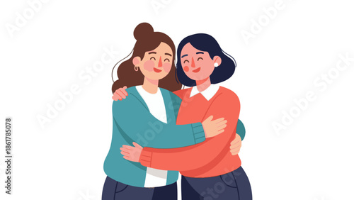 Two women sharing a warm and friendly hug together in colorful outfits