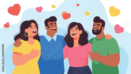 A happy group of smiling teenage friends and young fashion students celebrate together with their hands up at a fun party illustration