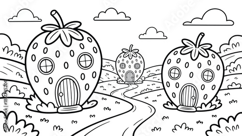 A lovely black and white illustration depicts quaint strawberry homes on rolling hills with winding paths