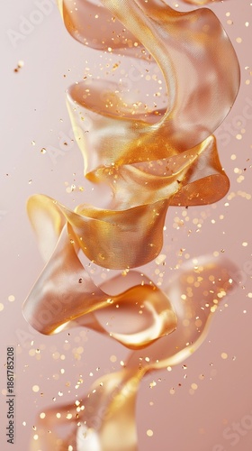 Soft fabric floating in the air with shimmer and sparkles against a pink background during daylight