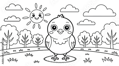 A happy little chick stands in a field under a smiling sun with fluffy clouds and green trees