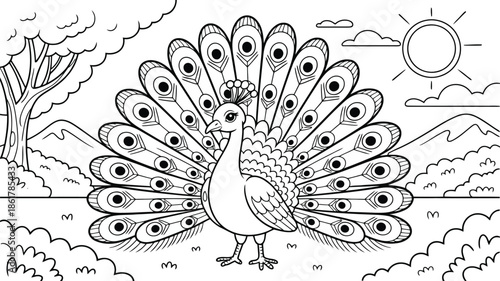 A majestic peacock with its fanned tail proudly stands in a beautiful natural outdoor landscape